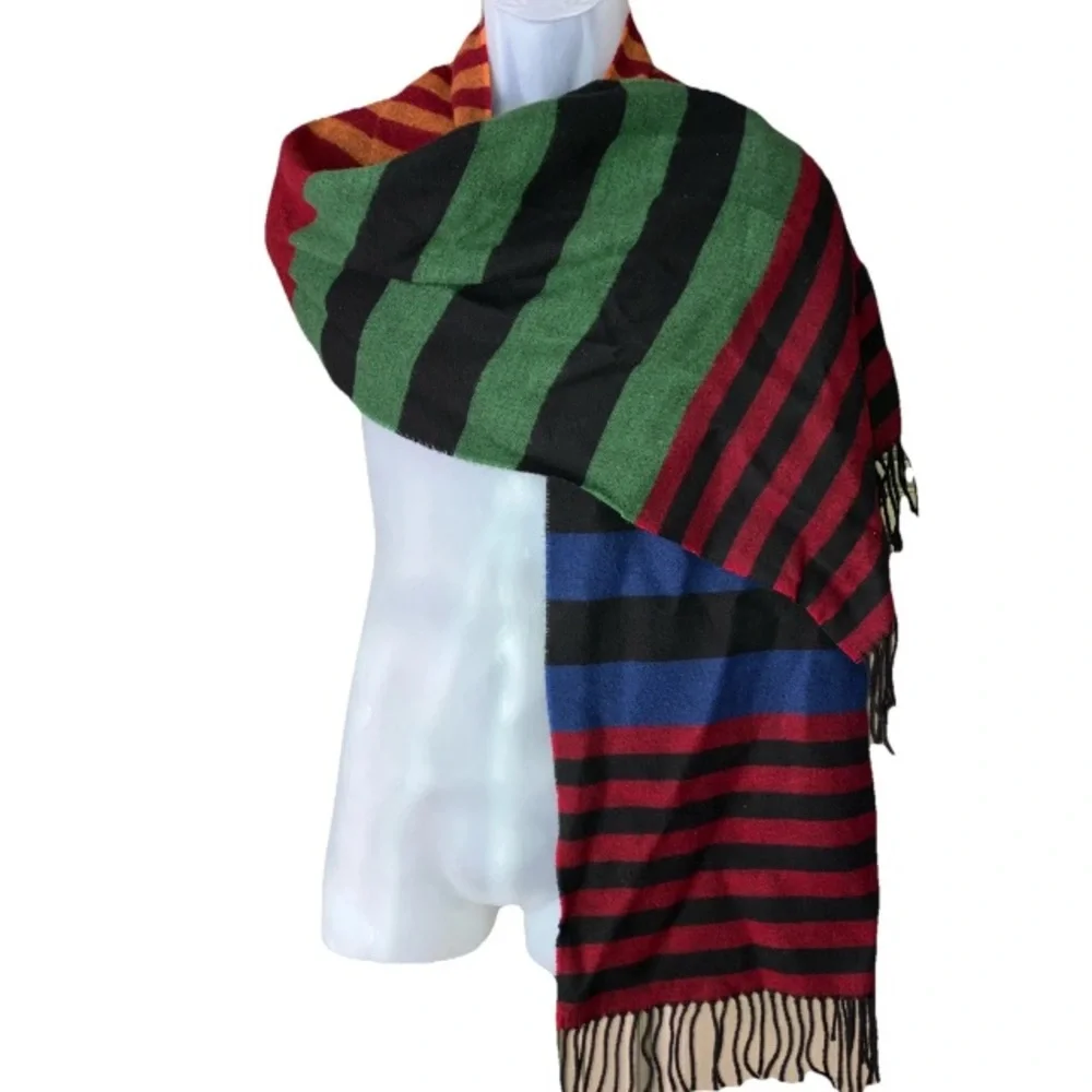 Lord & Taylor Vintage Soft Warm 100% Acrylic Striped Fringe Hem Scarf Multicolor